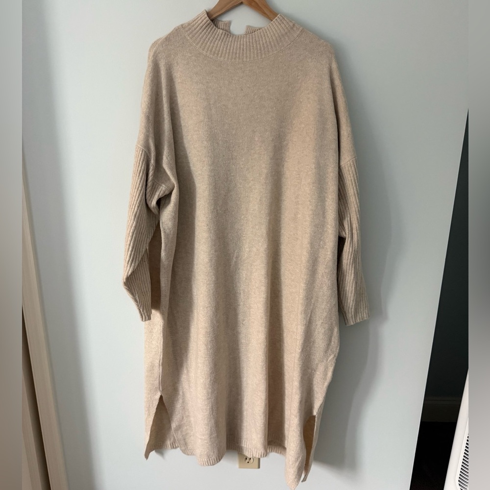 ASOS Yours ribbed long sleeve knitted dress in stone